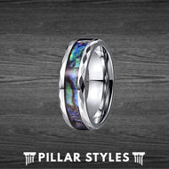 Tungsten Abalone Ring Mens Wedding Band - 8mm Faceted Abalone Shell Ring - Pillar Styles
