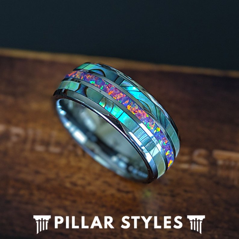 Unique Abalone Ring Mens Wedding Band with Opal Inlay 8mm Lavender