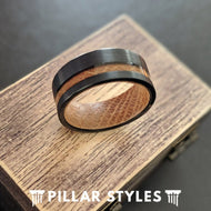 Whiskey Barrel Ring Offset Wood Inlay Ring - Tungsten Wood Wedding Band Mens Ring - Pillar Styles