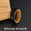 Black Whiskey Barrel Ring Mens Wedding Band - Wood Inlay Ring Tungsten Whiskey Ring - Pillar Styles