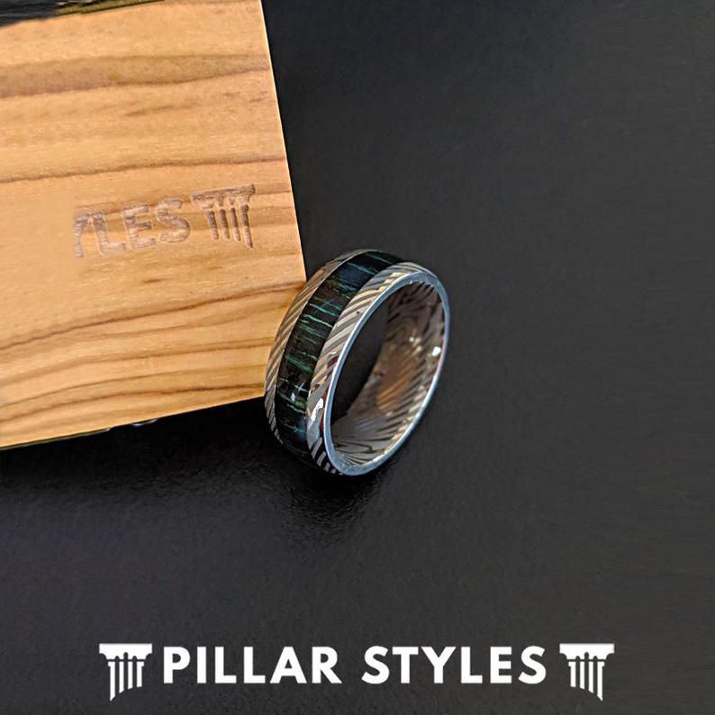 Titanium Damascus Ring with Green Wood Inlay - Pillar Styles