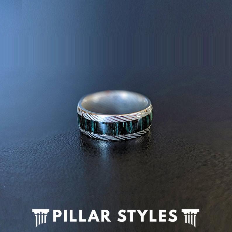 Titanium Damascus Ring with Green Wood Inlay - Pillar Styles