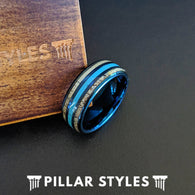 Blue Mens Turquoise Ring Tungsten Wedding Band Deer Antler Ring - Pillar Styles