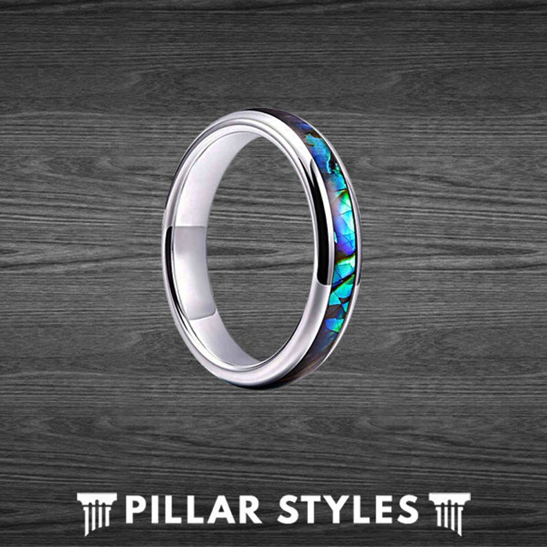 4mm Womens Wedding Band Tungsten Abalone Shell Ring - Pillar Styles