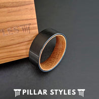 Flat Whiskey Barrel Ring Mens Wedding Band Wood Ring - Pillar Styles