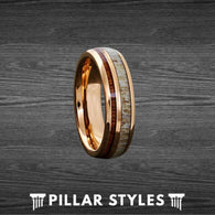 Thin Rose Gold Ring Koa Wood Wedding Band Tungsten Ring - Deer Antler Ring - Unique Koa Wood Ring - Pillar Styles