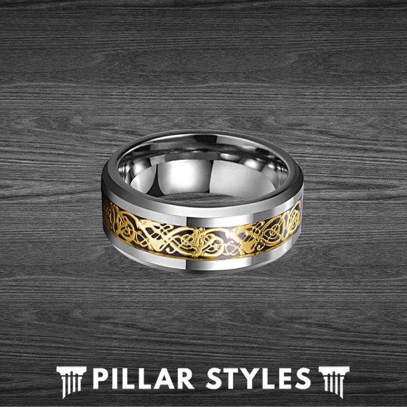 Gold Viking Ring Mens Wedding Band Celtic Wedding Rings Tungsten Mens Ring Dragon Ring
