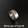 Damascus Steel Ring with Hammered Inlay - 8mm Damascus Ring Unique Mens Wedding Band - Pillar Styles