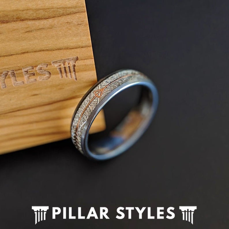 6mm Meteorite Ring Mens Wedding Band Arrow Ring - Rose Gold Tungsten Ring - Unique Mens Ring - Pillar Styles