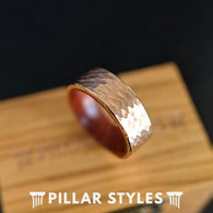 Hammered Ring 18K Rose Gold Ring Mens Wedding Band Koa Wood Ring - Tungsten Wood Rings for Men - Pillar Styles