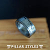 Damascus Steel Ring with Hammered Inlay - 8mm Damascus Ring Unique Mens Wedding Band - Pillar Styles