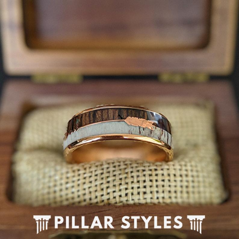 18K Rose Gold Ring Mens Wedding Band Wooden Ring Tungsten Wedding Band Antler Rings 8mm/6mm Koa Wood Rings for Men