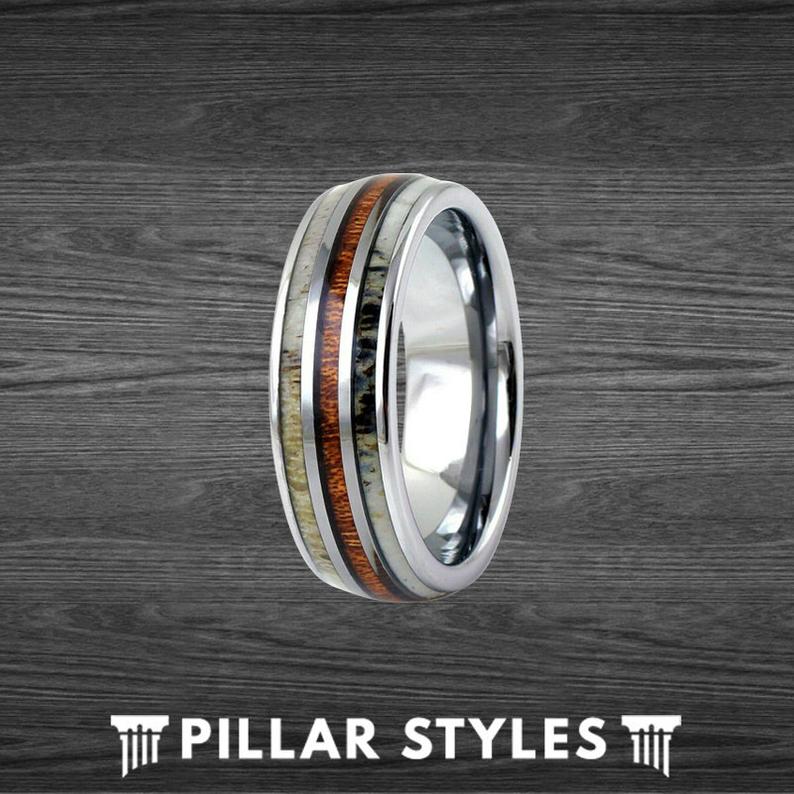 Mens Deer Antler Ring Koa Wood Inlay Tungsten Ring - Wood Rings for Men Silver Antler Wedding Bands - Pillar Styles