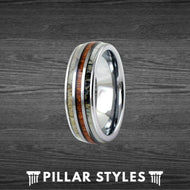 Mens Deer Antler Ring Koa Wood Inlay Tungsten Ring - Wood Rings for Men Silver Antler Wedding Bands - Pillar Styles