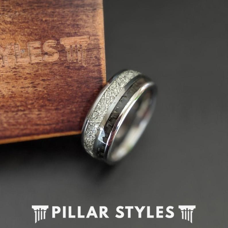 Meteorite Ring with Black Carbon Fiber Ring Mens Wedding Band Tungsten Ring - Pillar Styles