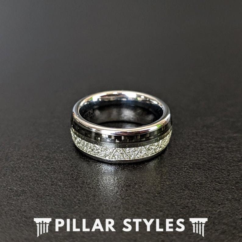 Meteorite Ring with Black Carbon Fiber Ring Mens Wedding Band