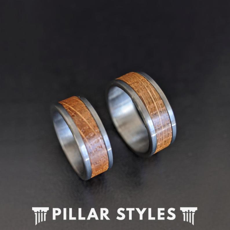 Gunmetal Whiskey Barrel Ring Wood Wedding Band Mens Ring 8mm Bourbon Barrel Tungsten Ring