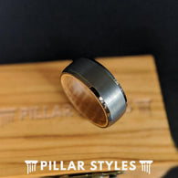 Beveled Whiskey Barrel Ring Mens Wedding Band Tungsten Ring Gunmetal Wood Ring - Pillar Styles