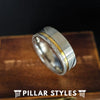 14K Gold Damascus Ring Mens Wedding Band Silver Damascus Steel Ring with Gold Inlay - Pillar Styles