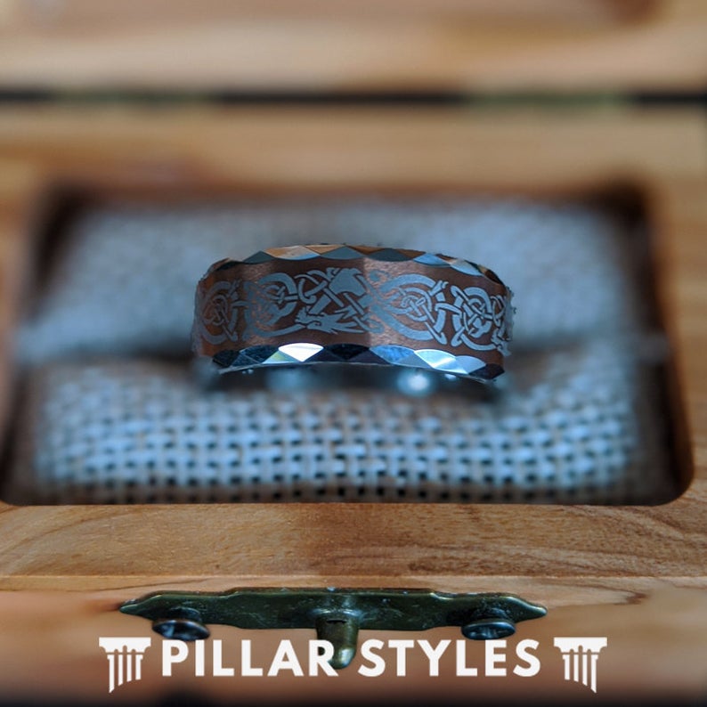 6mm Tungsten Viking Ring, Hammered Norse Ring, Unique Viking Wedding Band Mens Ring - Pillar Styles