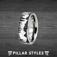 Fir Tree Ring Black Mountain Range with Wolves and Forrest Trees - 8mm Unique Mens Wedding Band Nature Ring - Pillar Styles