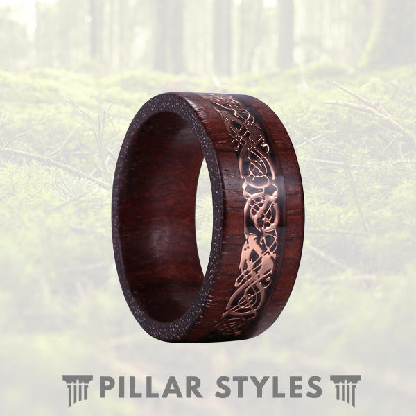 Sandalwood Ring with Rose Gold Celtic Knot Ring 8mm Mens Wedding Band - Pillar Styles