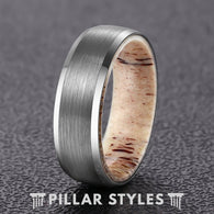 Mens Wedding Band Deer Antler Ring 8mm Brushed Silver Tungsten Ring - Pillar Styles