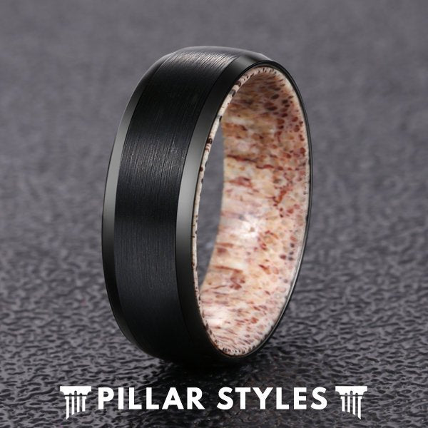 8mm Deer Antler Ring Brushed Black Tungsten Ring - Pillar Styles