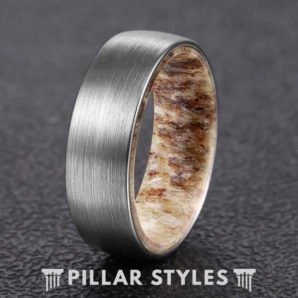 8mm Mens Wedding Band Deer Antler Ring Brushed Silver Tungsten Ring
