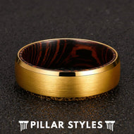 14K Gold Ring Tungsten Wenge Wood Ring Mens Wedding Band - Pillar Styles